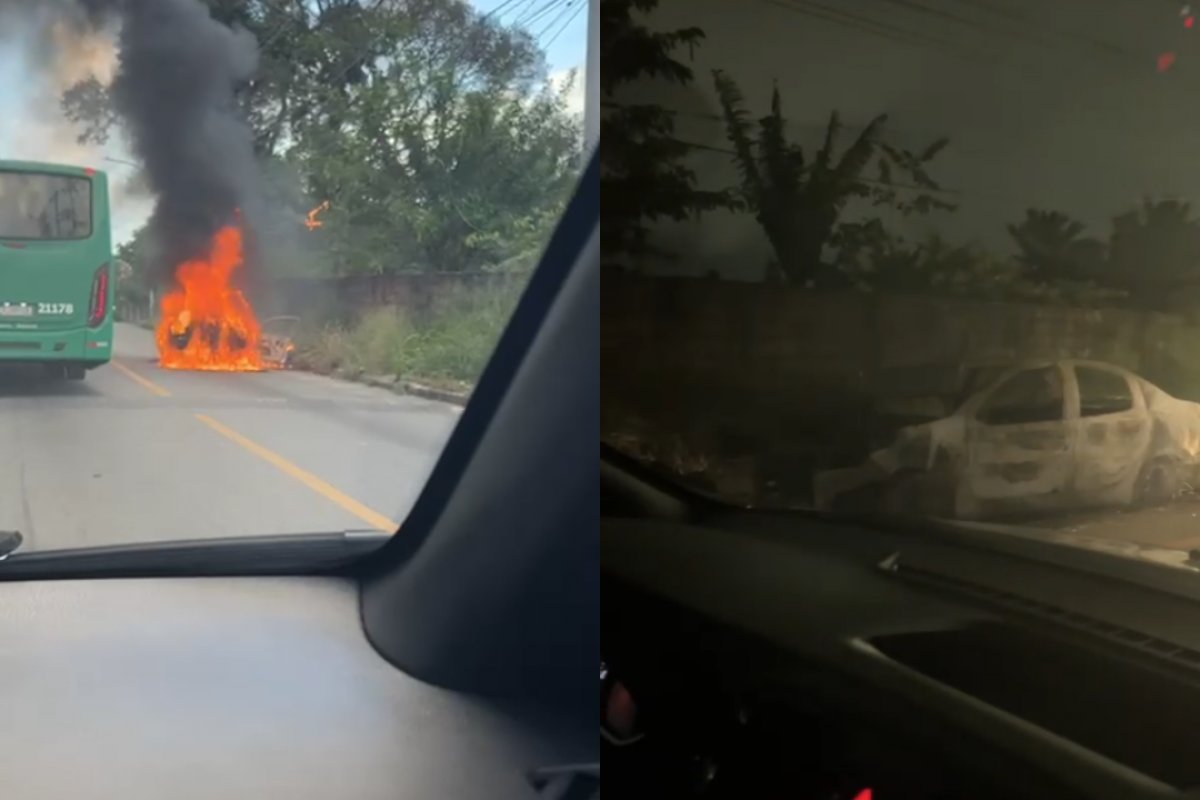 Vídeo: Carro incendeia na Estrada Velha do Aeroporto; veículo continua na avenida