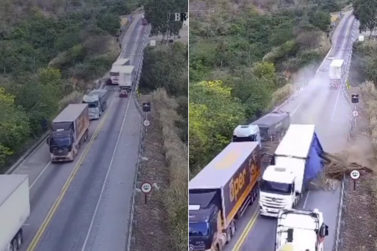 Vídeo: Cinco pessoas ficam feridas após colisão entre três carretas e um carro de passeio em rodovia na BA