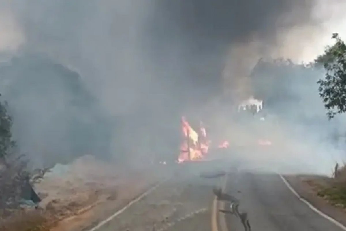 Carreta carregada com caroço de algodão pega fogo e interdita BR-030