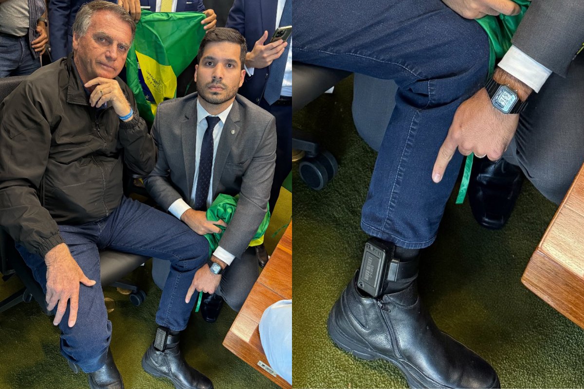 Em foto com deputado, Bolsonaro exibe tornozeleira eletrônica