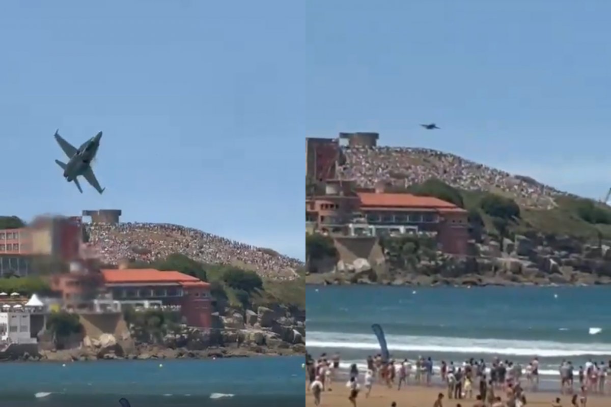 Vídeo: Caça da Força Aérea espanhola passa rente à praia e assusta banhistas