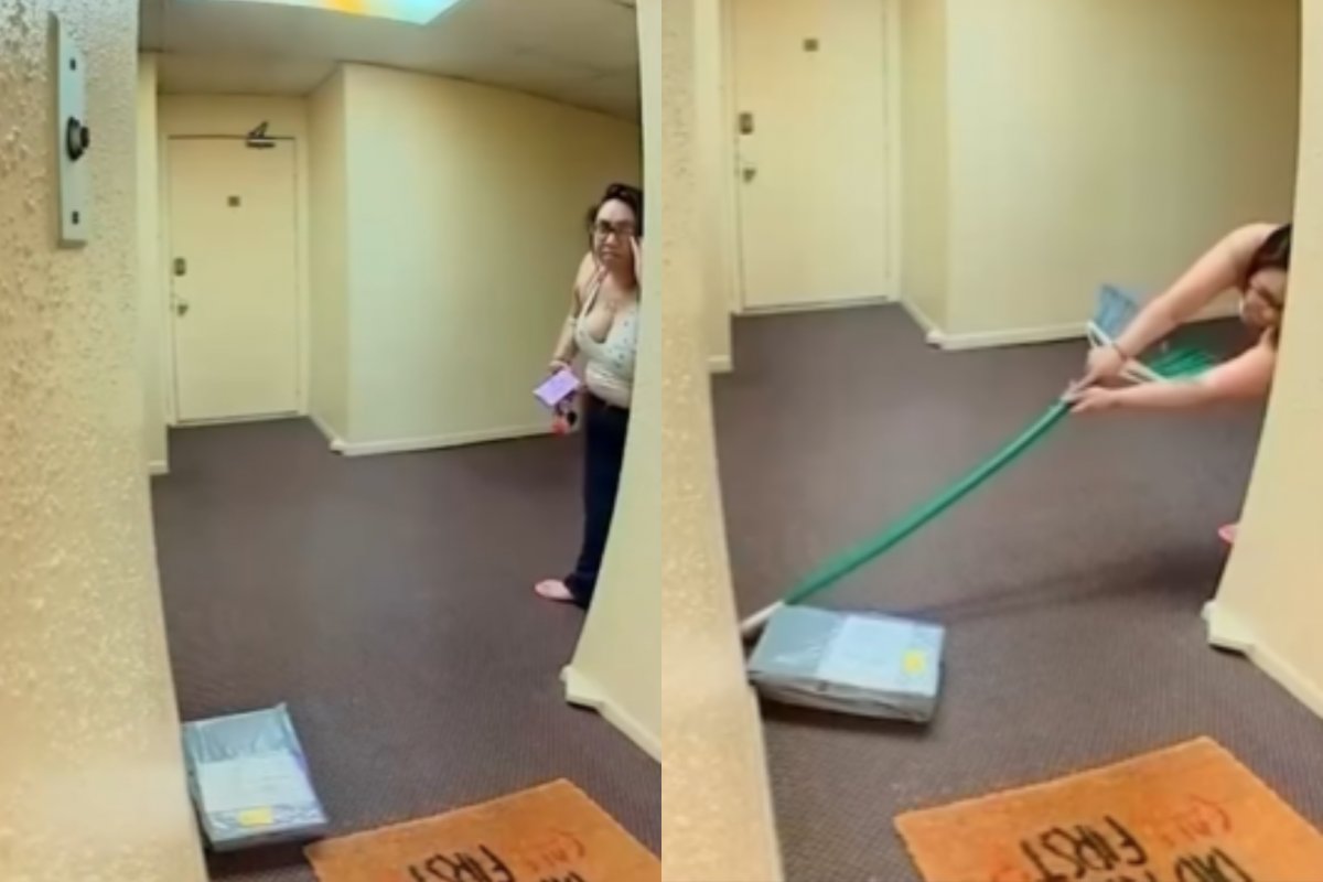 Vídeo: Mulher é flagrada furtando encomenda de vizinho com vassoura e viraliza na internet