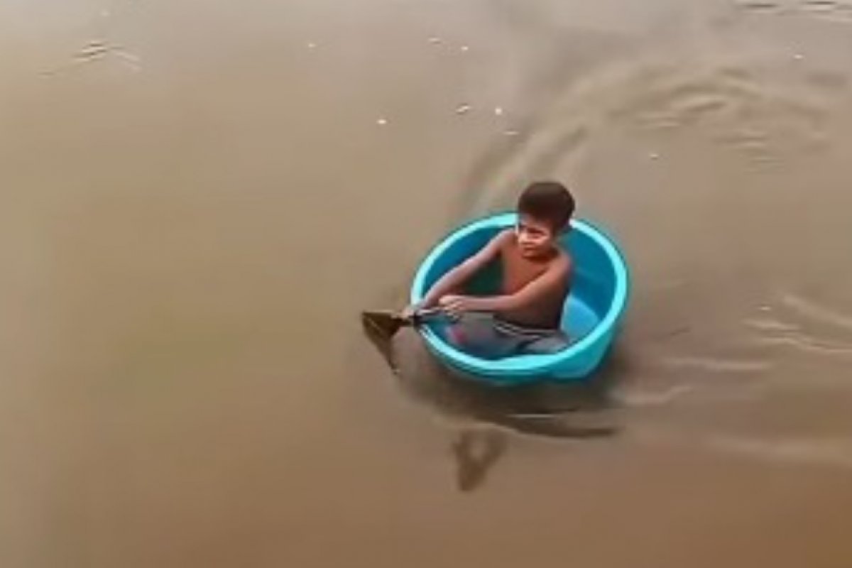 Vídeo: criança rema em bacia para receber doações de barcos que passam por comunidades na Amazônia