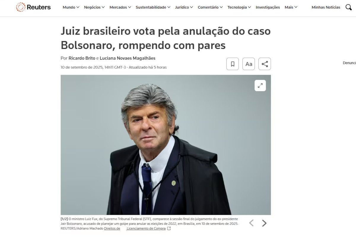 Imprensa internacional repercute voto de Fux a favor de Bolsonaro no STF: "rompendo com pares"