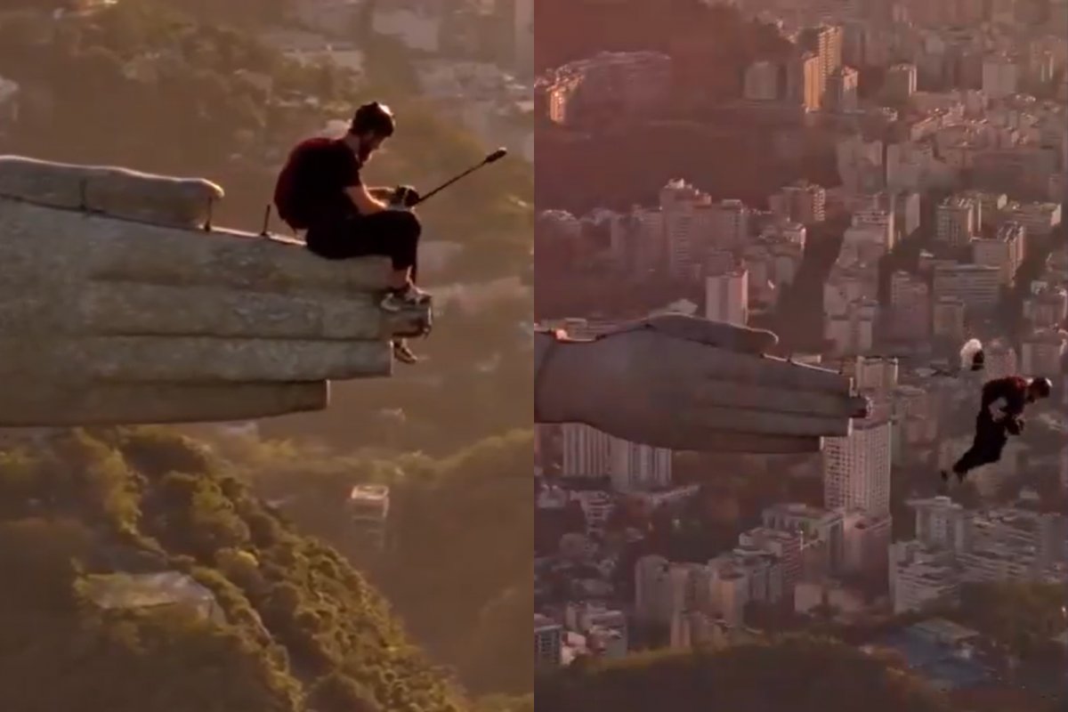 VÍDEO: Homens invadem Cristo Redentor e saltam de paraquedas da mão do monumento sem autorização