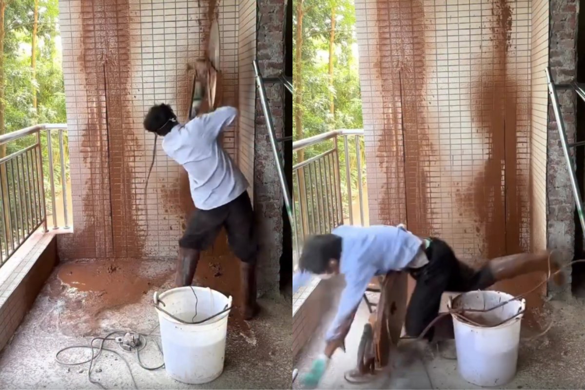VÍDEO: Trabalhador perde controle de serra elétrica e quase sofre corte na barriga