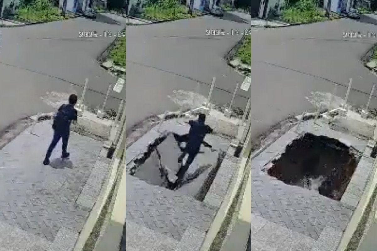 VÍDEO: calçada cede e homem é 'engolido' por buraco em Manaus
