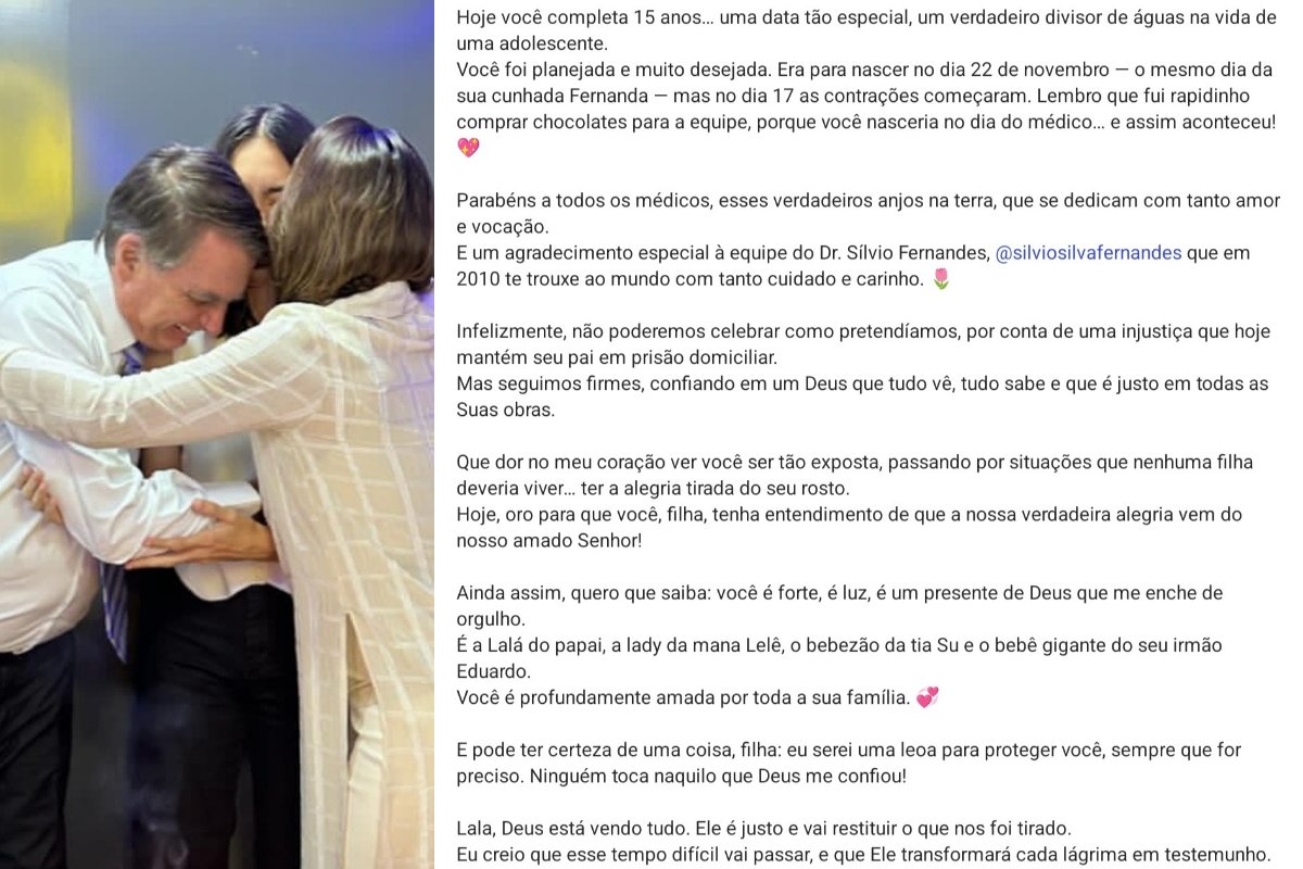 Michelle Bolsonaro lamenta prisão domiciliar do ex-presidente na comemoração do aniversário da filha: 'injustiça'