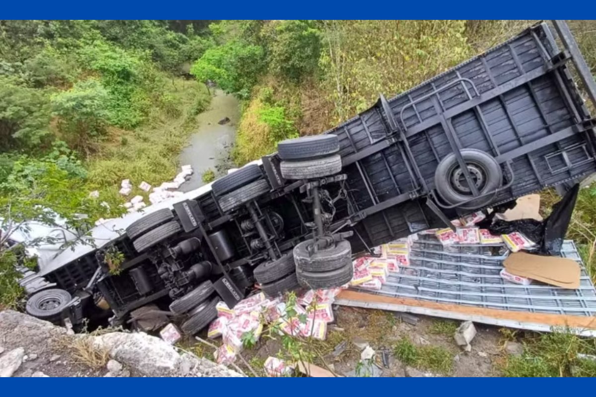Caminhão carregado de fraldas tomba e cai em trecho de ponte na BR-116 localizado na Bahia