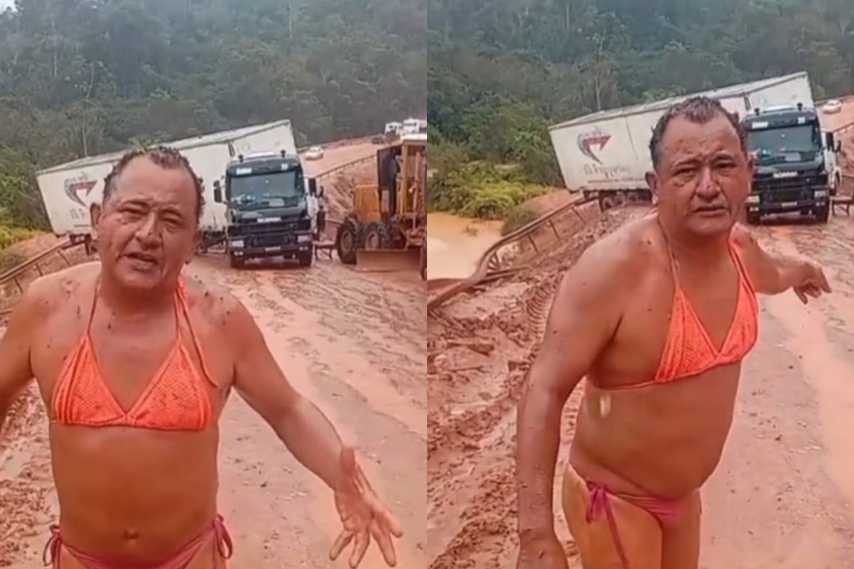 Vídeo: de biquíni e sujo de lama, humorista chama atenção para péssimas condições de desvio na BR- 101