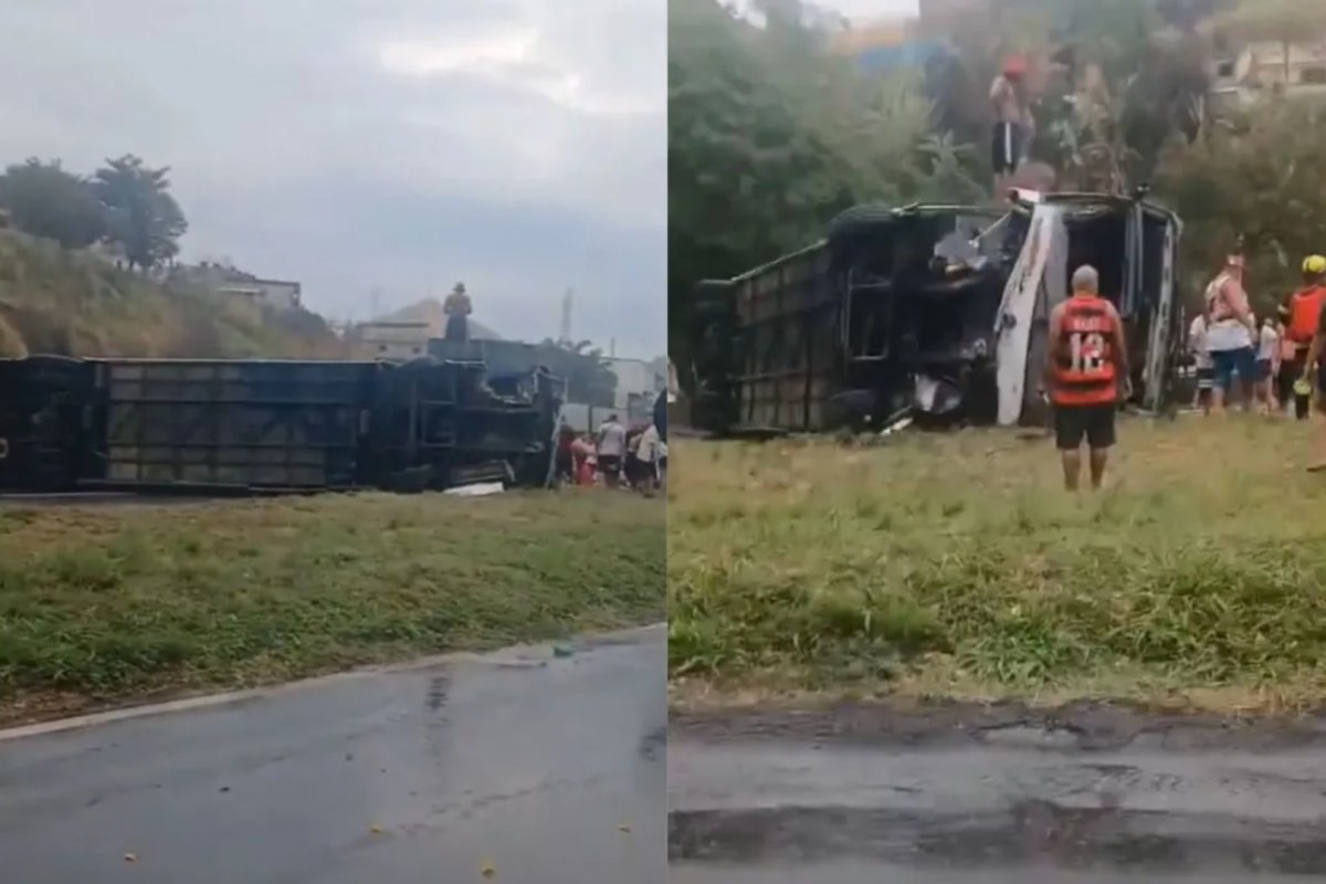 Vídeo: Ônibus com torcedores do Flamengo tomba no Rio de Janeiro