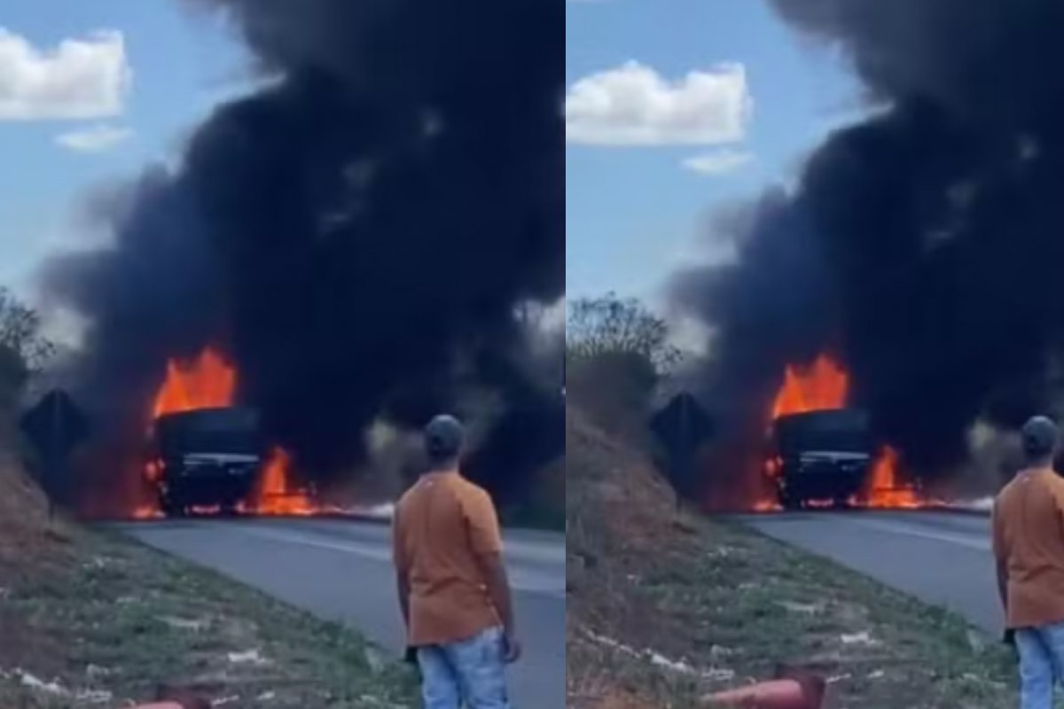 Carretas pegam fogo após batida e causam interdição parcial da BR-116 em Vitória da Conquista