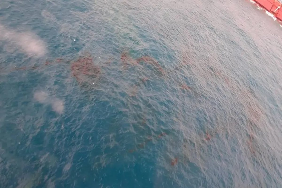 Imagens revelam manchas de óleo próximo a um navio que transporta minério da Vale