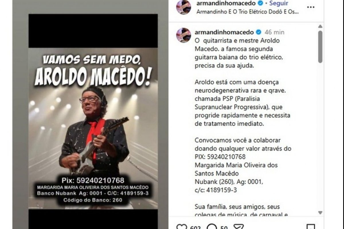 Armandinho Macedo cria campanha após irmão ser diagnosticado com doença neurodegenerativa rara: 'vamos sem medo, Aroldo Macedo'
