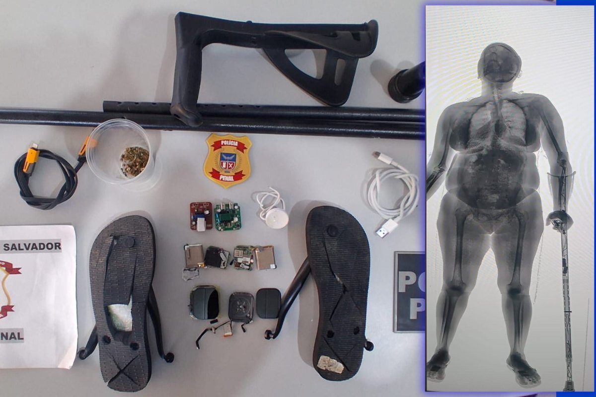 Vídeo: mulher é flagrada ao tentar entrar em Cadeia Pública de Salvador com materiais ilícitos escondidos em chinelos e muleta