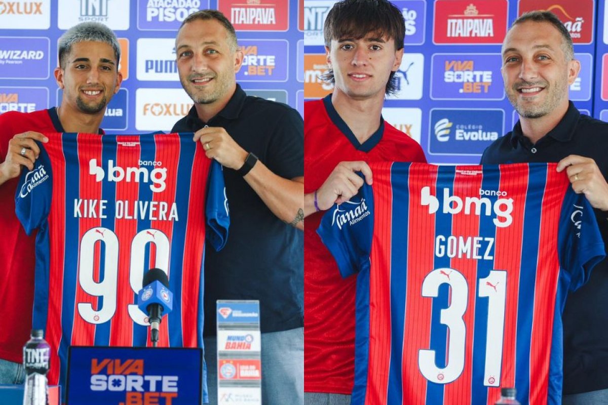 Bahia apresenta Kike Olivera e Román Gómez após treino no CT Evaristo de Macedo