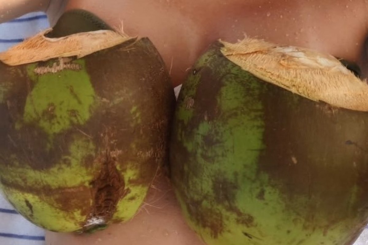 Famosa usa coco para cobrir seios em em praia da Bahia! 