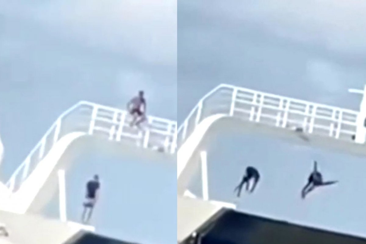 Vídeo: duas pessoas são flagradas ao pular de ferry-boat durante atracação