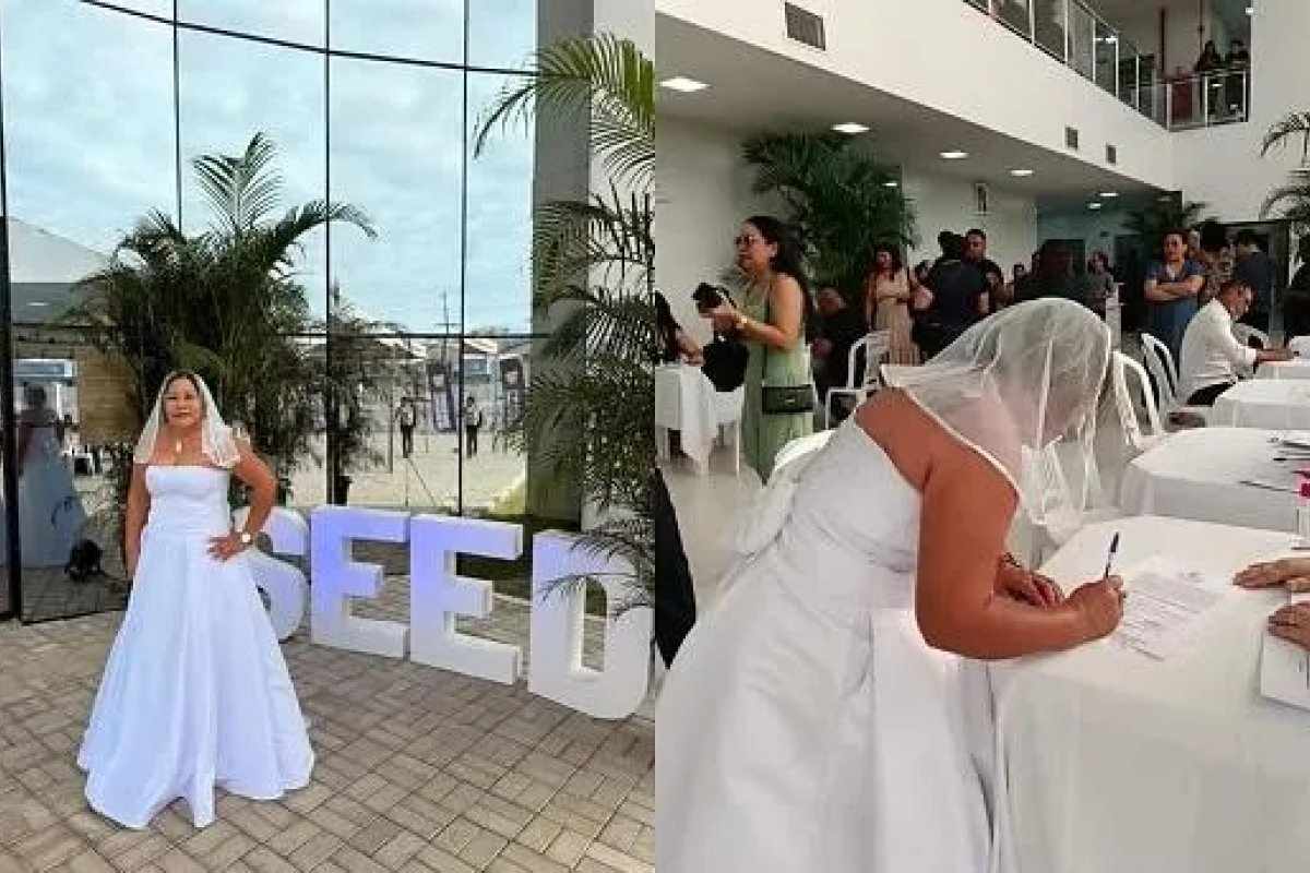 Vídeo: professora viraliza ao tomar posse em concurso público vestida de noiva