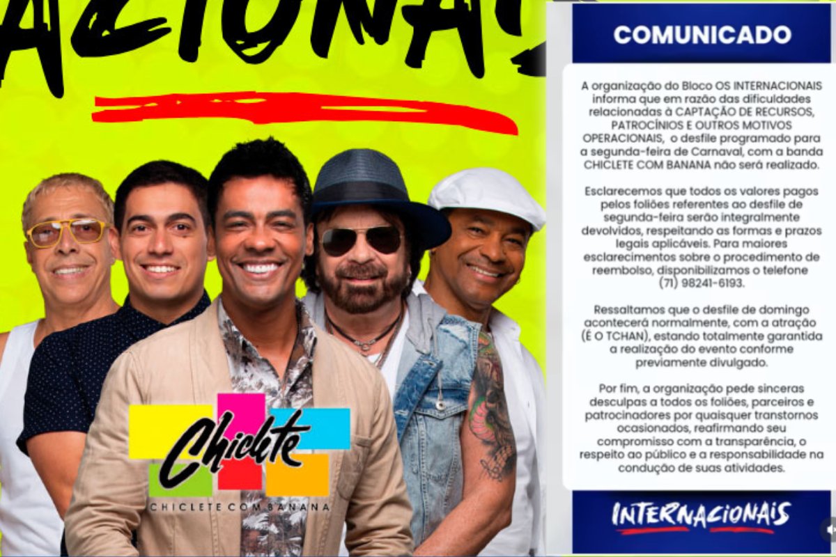 Bloco 'Os Internacionais' cancela apresentação de 'Chiclete com Banana' no Carnaval de Salvador