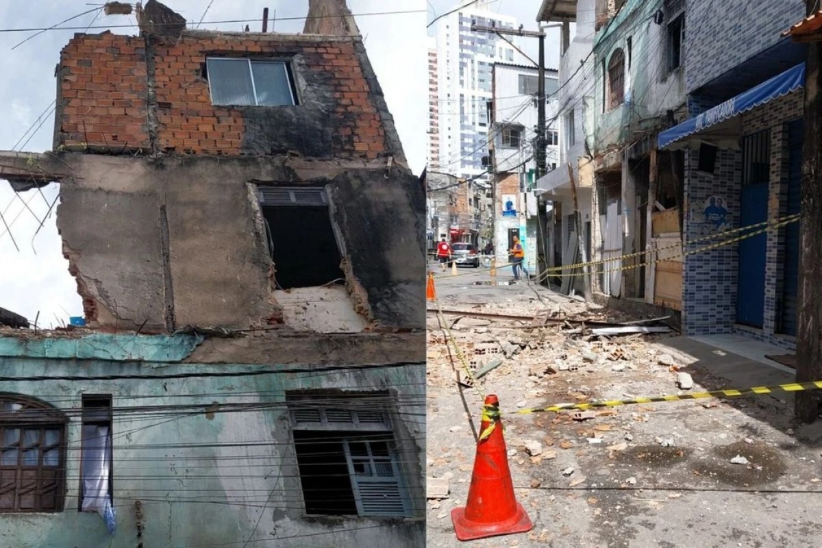 Imóvel desaba, interdita rua e derruba poste em Salvador