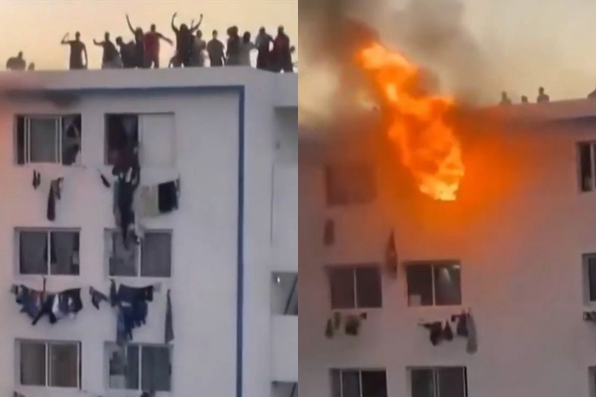 Vídeo: Estudantes se penduram em prédio para escapar de incêndio