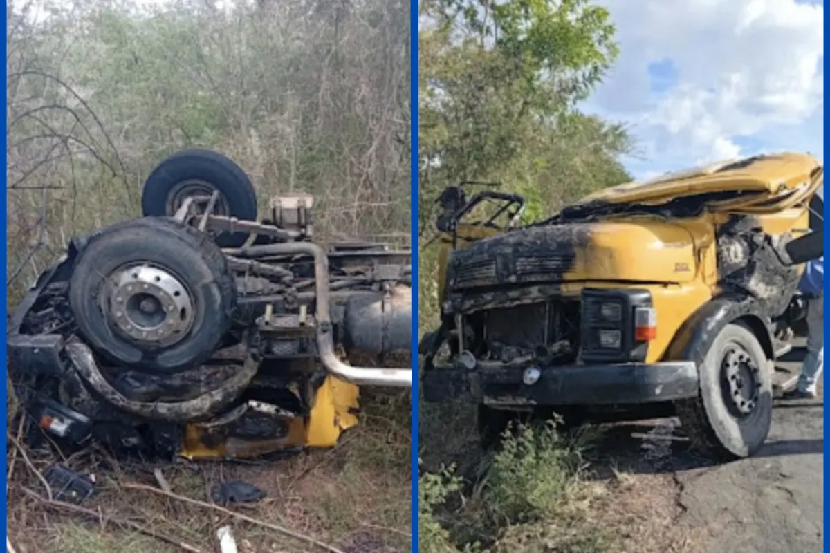 Caminhão capota, pega fogo e motorista sai ileso em rodovia baiana