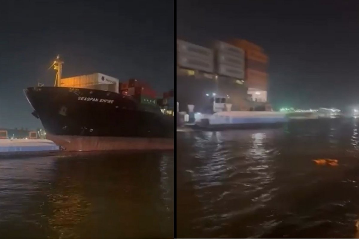 Vídeo: tripulantes de barcas pulam antes de navio porta-contêineres bater nas embarcações no litoral de São Paulo