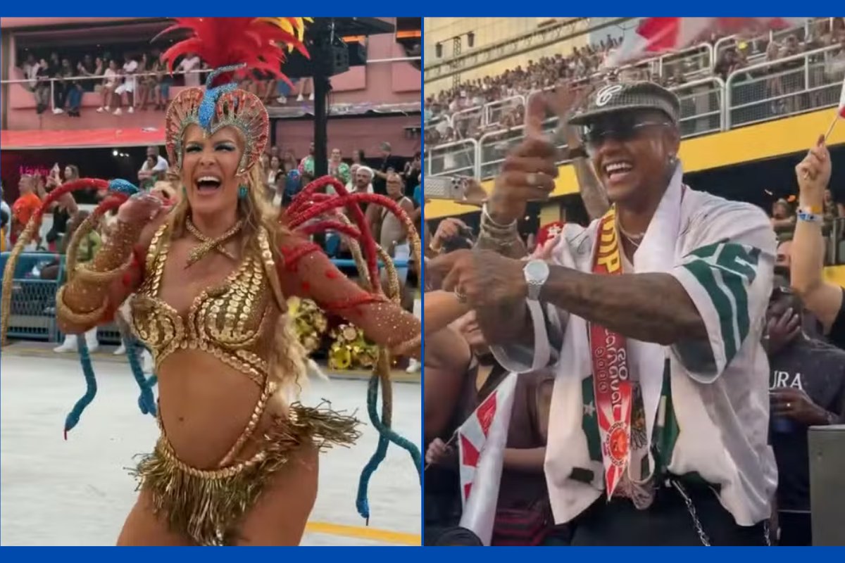 Léo Santana vibra pela esposa Lore Improta em arquibancada do Desfile das Campeãs no Rio de Janeiro