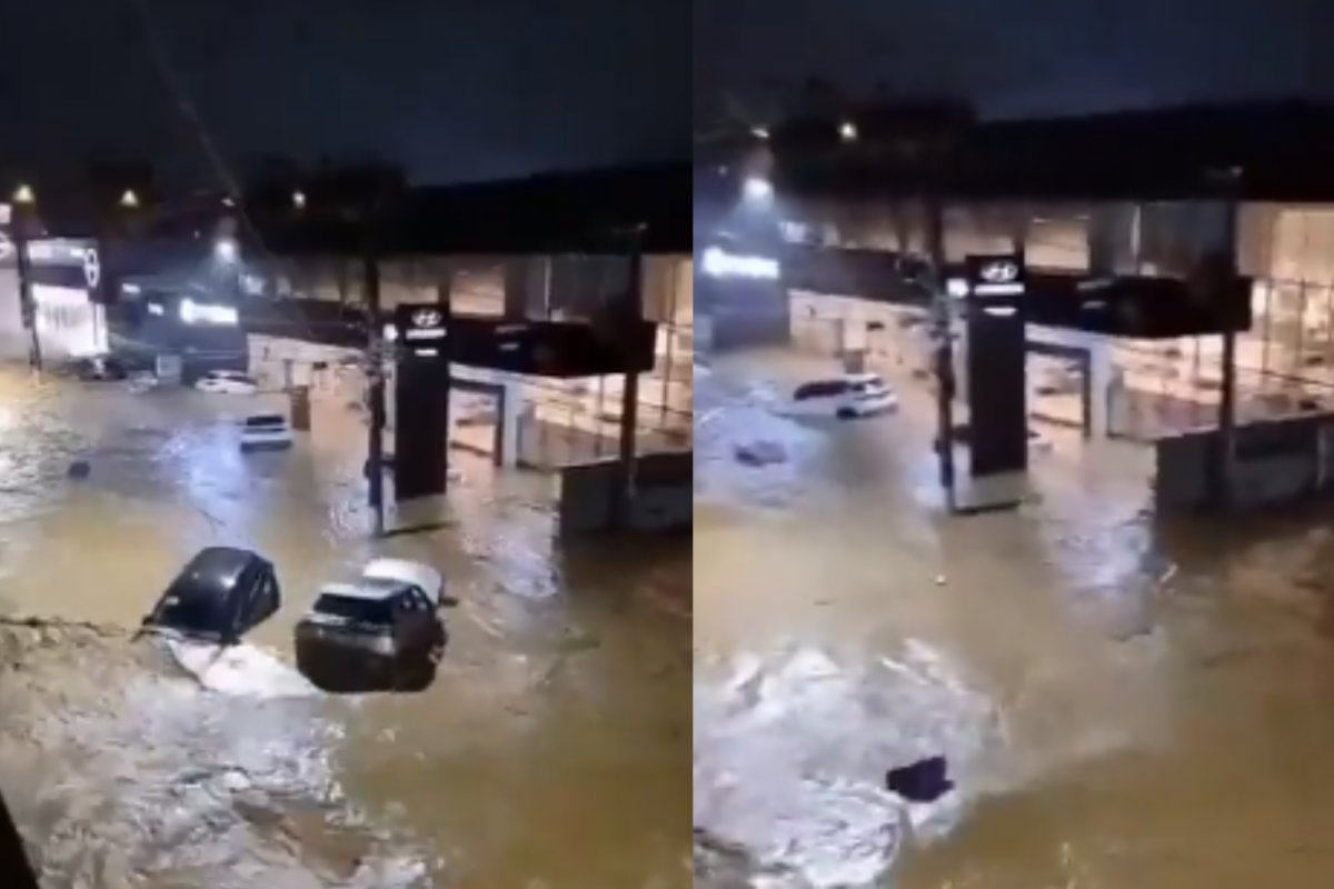 Vídeo: enxurrada arrasta veículos de concessionária no município mineiro de Ubá