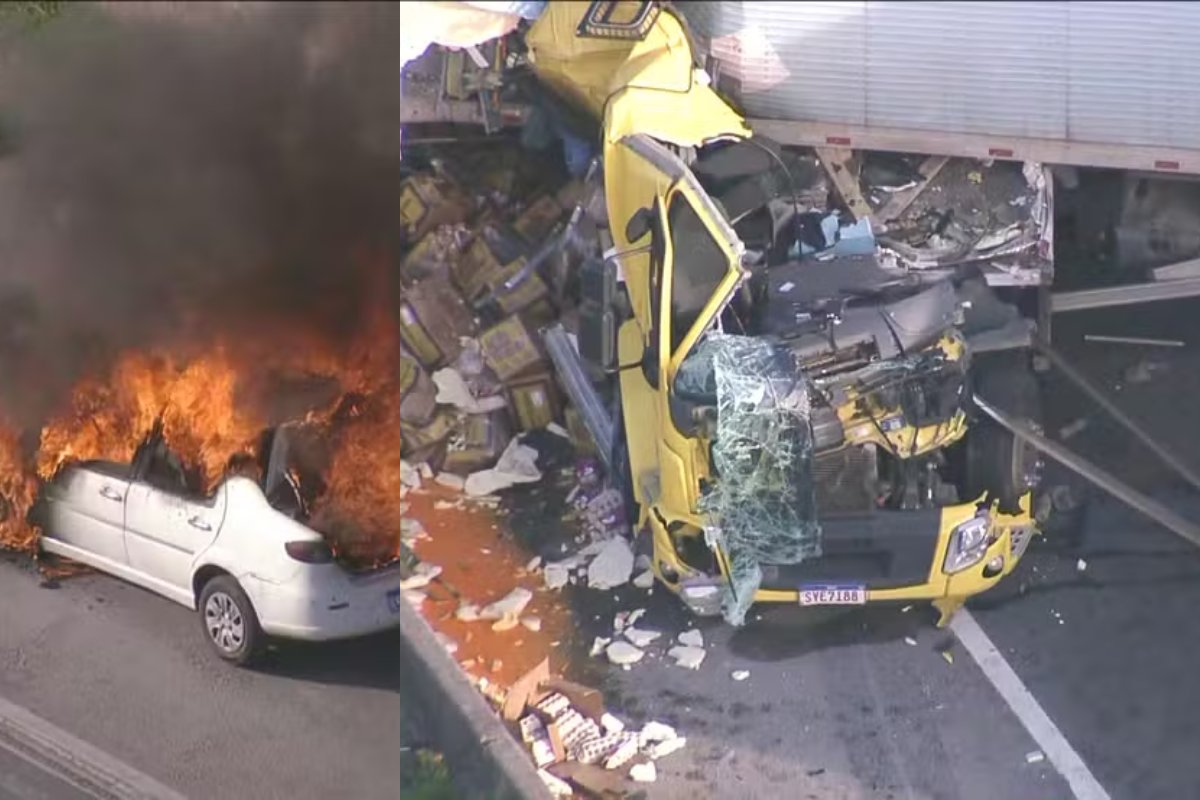 Quatro caminhões que carregavam ovos batem na Via Dutra e fecham pista sentido Rio