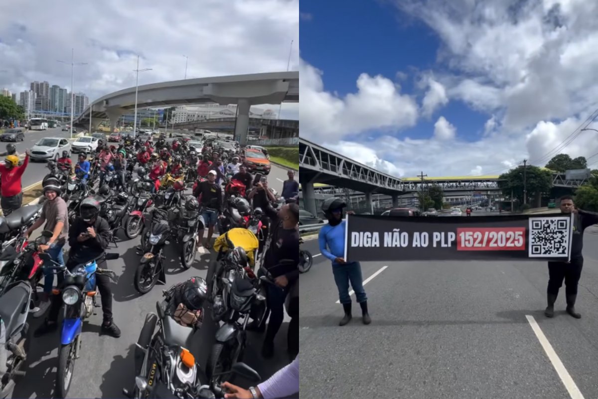 Vídeo: Motoristas e motociclistas travam o trânsito em Salvador ao pedir o fim do PLP 152/2025 e a redução do preço dos combustíveis