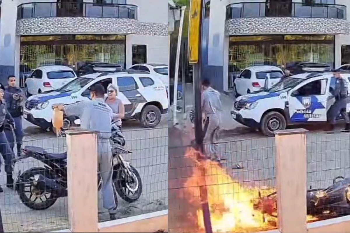 Vídeo: Mulher fica gravemente ferida após o filho atear fogo a moto durante abordagem policial