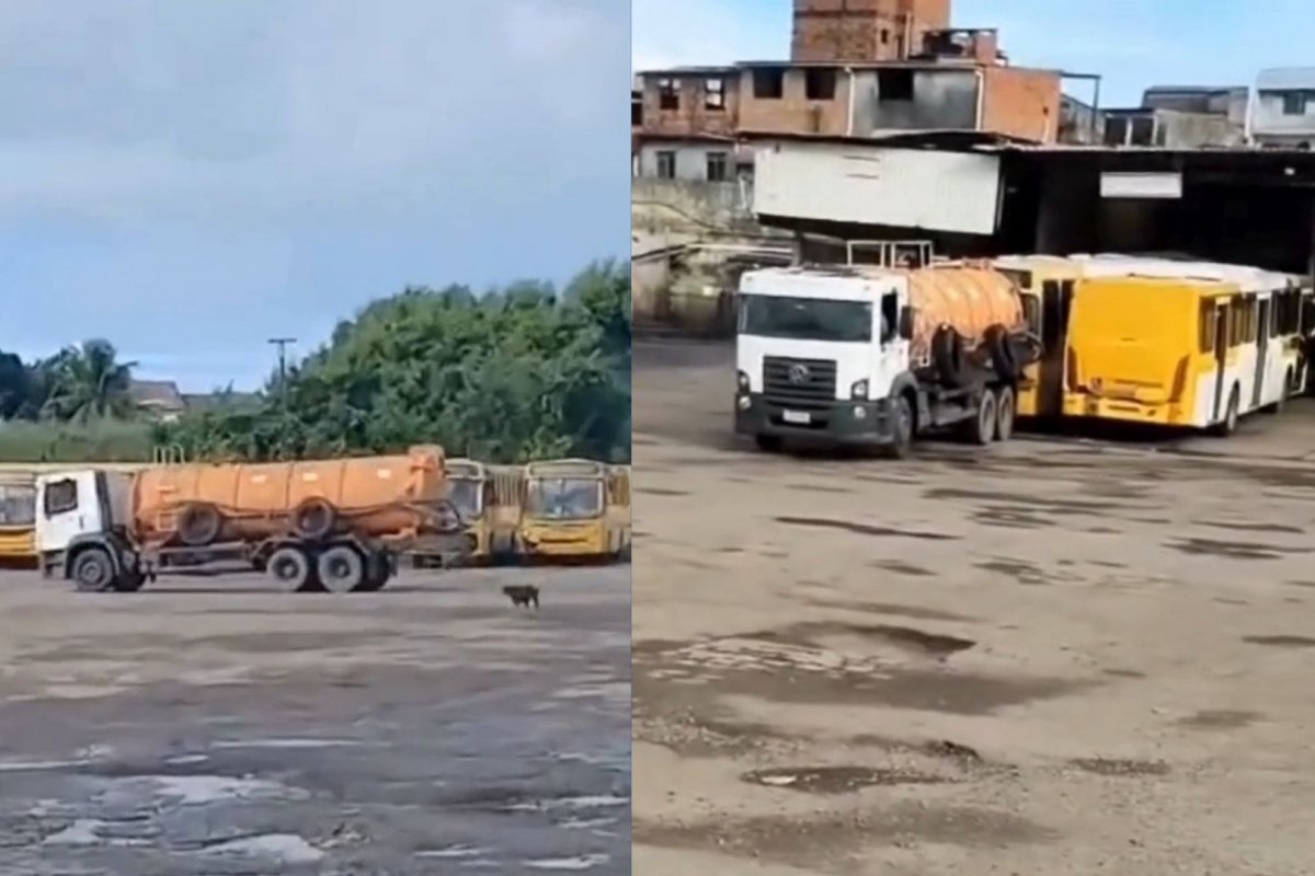 Vídeo: Ex-funcionário da Intrega invade garagem de ônibus em Salvador com caminhão limpa fossa 