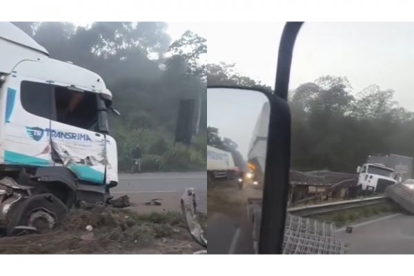 [VÍDEO: Acidente entre duas carretas causa congestionamento na BR-324]