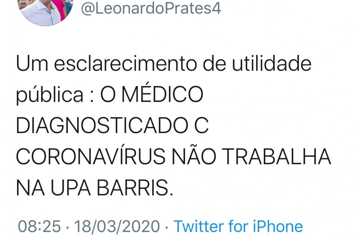 Município afirma que médico com positivo de coronavírus não trabalha em UPA