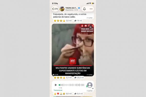 [Canal de Flávio faz associação falsa de cocaína a ato pró-Lula, e Tarcísio compartilha imagem]