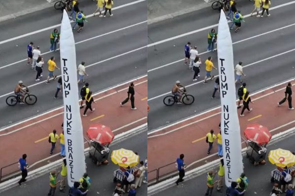 [Vídeo: 'Trump, bombardeie o Brasil', apoiadores de Flávio Bolsonaro levam míssil inflável à Avenida Paulista com frase que pede ataque]