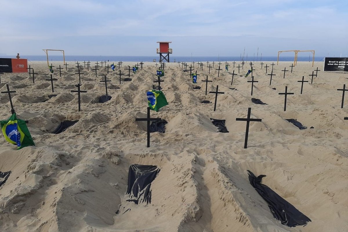 ONG faz protesto na praia de Copacabana contra ações do Governo Federal durante a pandemia
