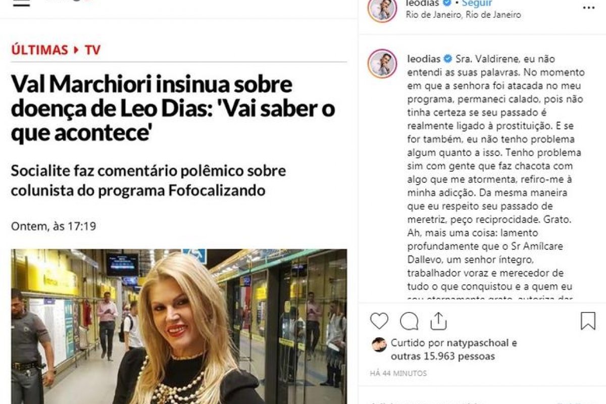 Leo Dias acaba com Val Marchiori na web: ''Eu respeito seu passado de meretriz''