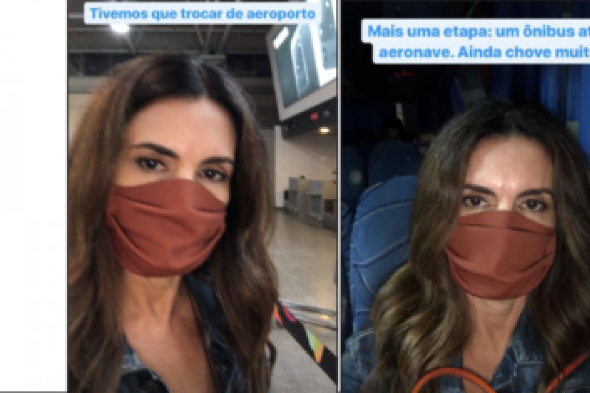 Como se não houvesse pandemia, Fátima Bernardes enfrenta chuva e aeroporto cheio para viajar