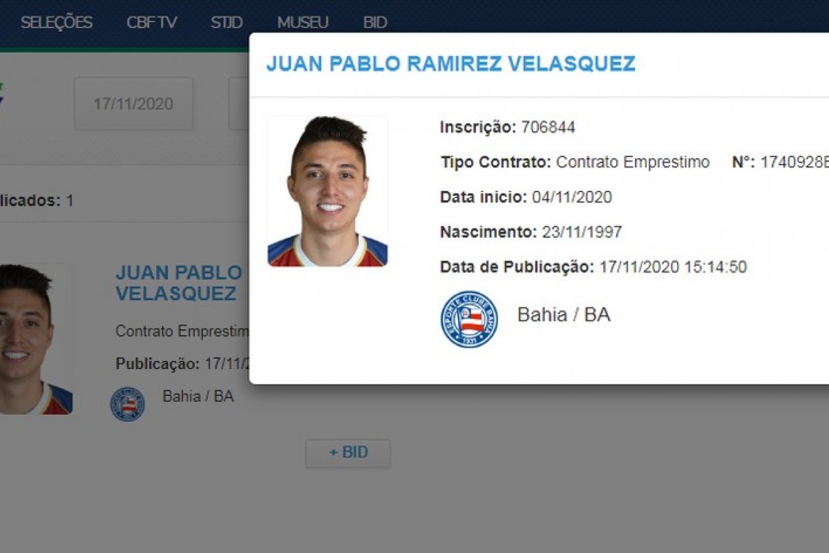 Recém emprestado, colombiano Juan Pablo tem nome publicado no BID e deve estrear pelo Bahia