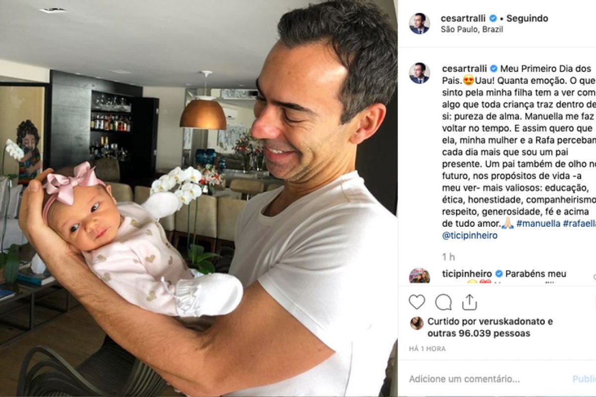 César Tralli curte Manuella em seu primeiro Dia dos Pais