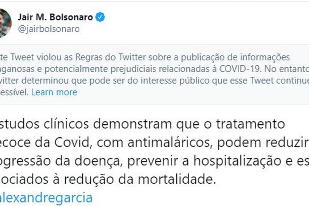 Twitter põe alerta em postagem de Bolsonaro: 'publicação de informações enganosas'