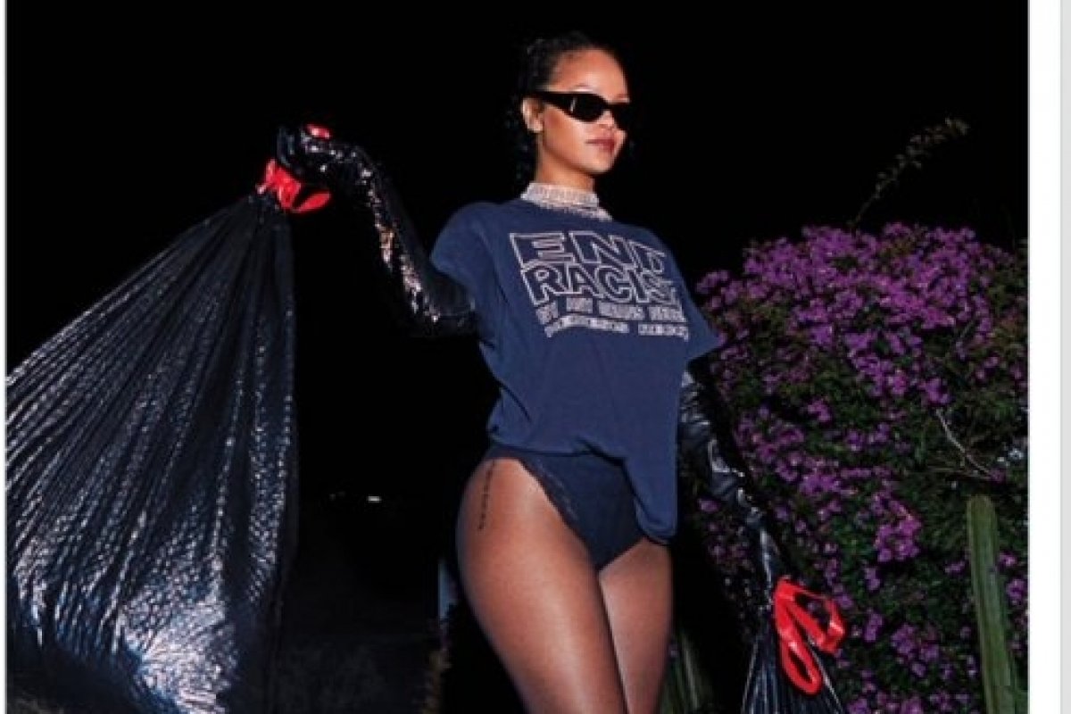 Rihanna cutuca Donald Trump ao postar foto recolhendo lixo