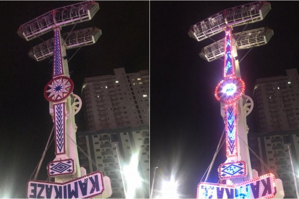 Brinquedo trava no ar e deixa participantes de cabeça para baixo em Praia Grande, São Paulo