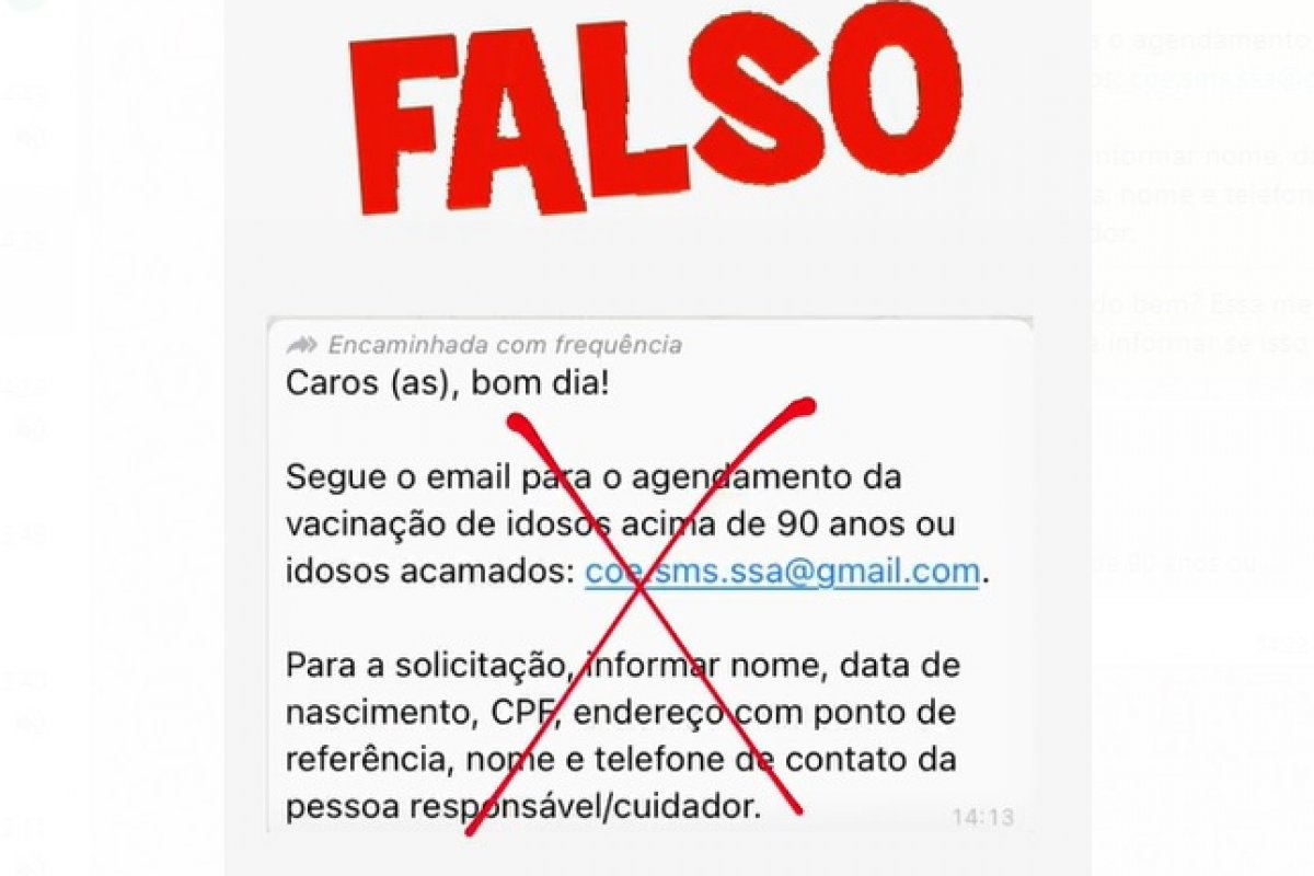 SMS diz que é falso e-mail para agendamento de vacinação para idosos acima de 90 anos