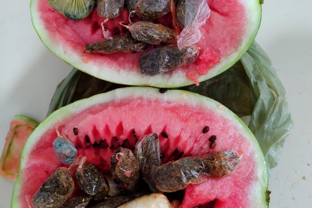 Mulher é flagrada tentando entrar em unidade policial com drogas e celular dentro de melancia