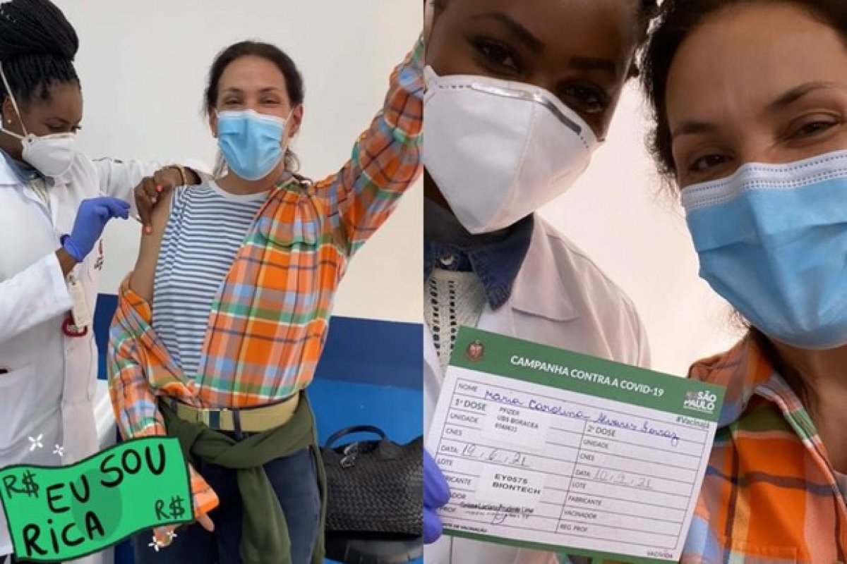 Eu sou ryca! Carolina Ferraz recria meme ao ser vacinada contra Covid-19