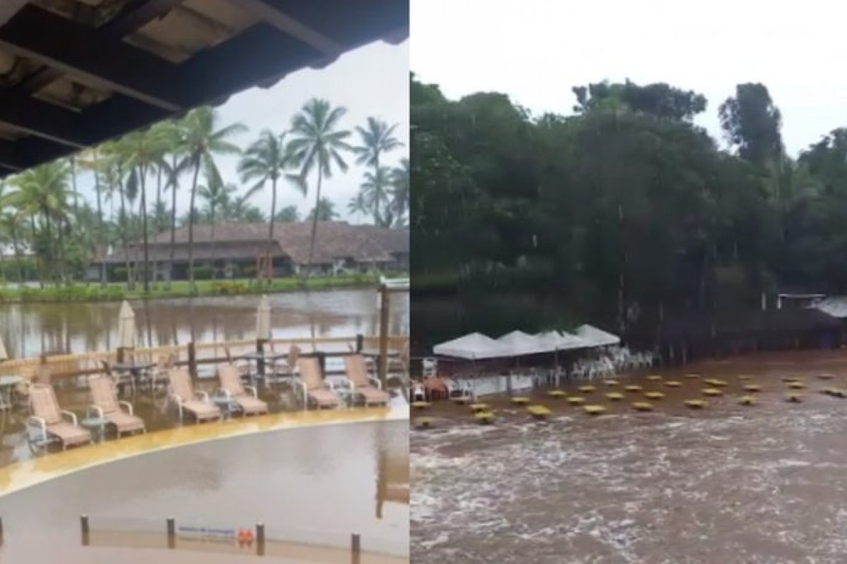 Vídeo: Resort de luxo em Ilhéus fica alagado e água da chuva invade estabelecimentos